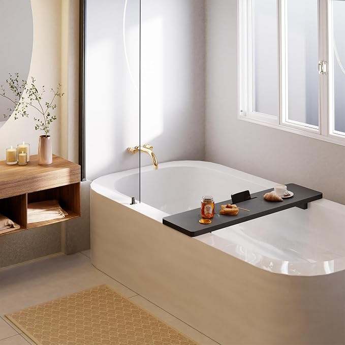 TINAMO 35" Acacia Wood Bathtub Tray, Adjustable Feet with Accessory Holders | Adjustable Width, Lightweight, 35" x 9" x 2.5", Anti-Tipping, Phone/Tablet Stand, Beverage Holder, Beveled Edge Design, Black