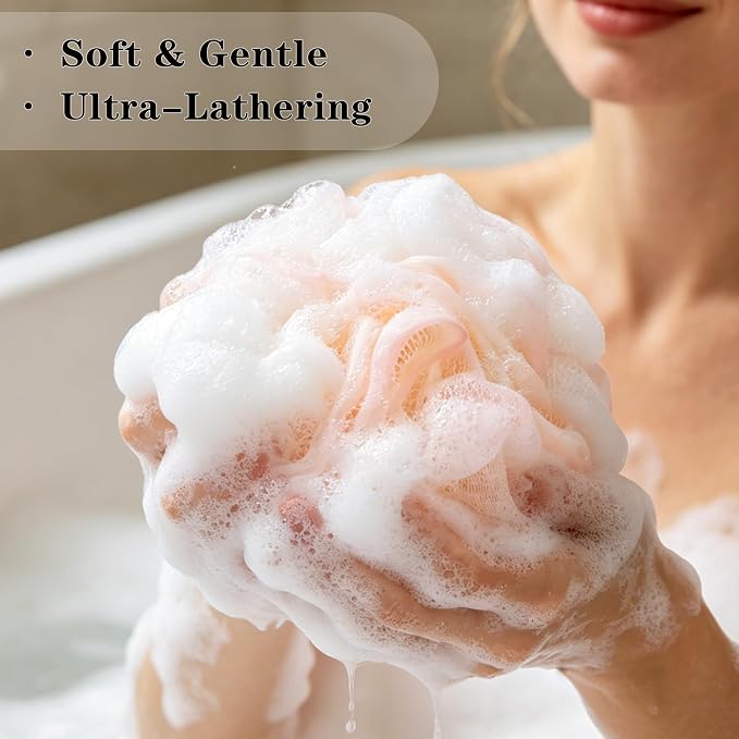 Bath Loofah Sponge 70 Grams Large Size, Soft Mesh Long-Lasting Shower Loofah for Rich Lather, 5 Pack Shower Sponge Exfoliating Cleaning Bath Loofa Body Scrubber Balls for Men & Women(Pink)