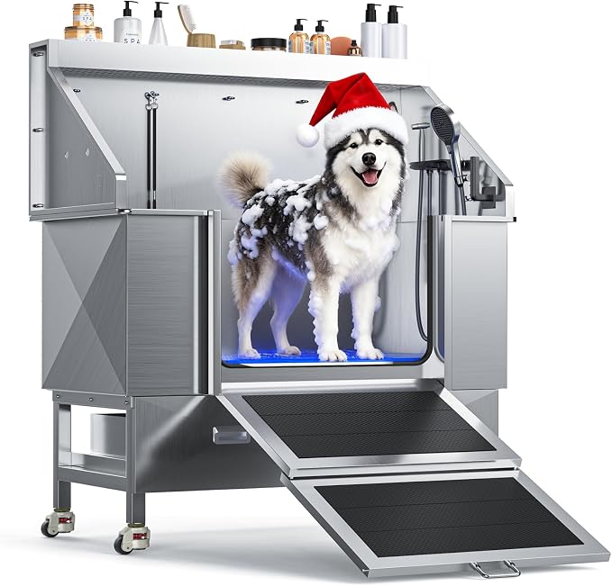 CAMMOO 50'' Dog Bathing Station - 304 Stainless Steel, Leak-Proof Deep Soak, Dog Bathing Station, 27.4" Wide Ramp, Swivel Wheels, Dog Grooming Tub, Piano-Key Faucet, 2 Drawers for Medium & Small Pets
