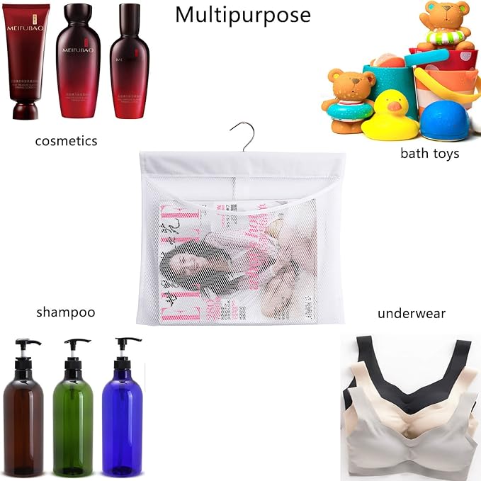 ALYER Hanging Mesh Shower Pockets Caddy for 34oz/1000ml Shampoo and Conditioner, Colorful Bath Toy Organizer, Hanging Tandem Type Closet Accessories Storage Bag, White