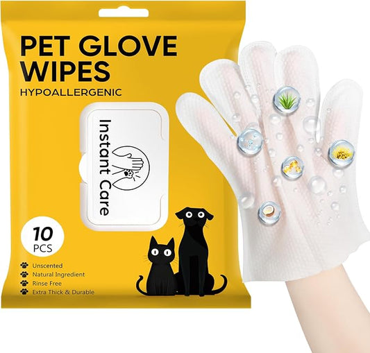 Pet Glove Wipes for Dogs Cats - Unscent Dog Washing Wipes & Waterless Cat Bathing Gloves Cleaning Deodorizing Grooming Wipe for Fur Paws Butt Face, Disposable Rinse Free Shampoo Mittens,10PCS