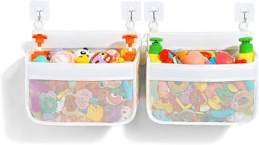 Multi-Use Bathtub Toy Storage - Breathable Mesh Bath Toy Holder for Bathtub, Wall & Corner - Quick-Dry White Organizer for Baby Bath Toys & Bath Supplies