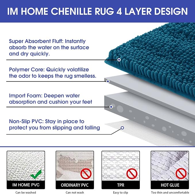 ACCUMTEK Comfydew Striped Teal Blue Bathroom Rug Set 3 Pieces Ultra Soft, Non Slip Chenille Toilet Mat, Absorbent Plush Shaggy Bath Mats for Bathroom, Bedroom, Kitchen