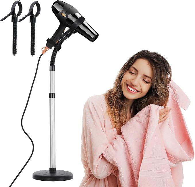 Erytlly Hair Dryer Stand Hands Free 360-Degree Rotating Adjustable Height Metal Hair Dryer Stand Blow Dryer Holder About for 0.5kg Hair Dryer in Bathroom, Vanity, Makeup Room (Basic-new)