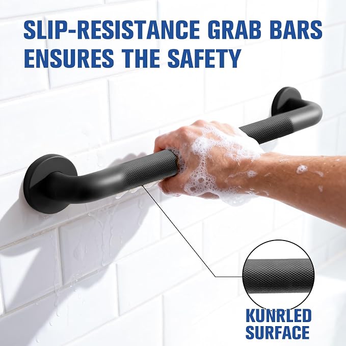 24 Inch Black Shower Grab Bar for Seniors,1.25'' Diameter 304 Stainless Steel Heavy Duty Anti-Slip Bathroom Safety Handicap Grab Bar for Shower, Bathtub & Toilet, Wall Mounted, Supports 500lbs
