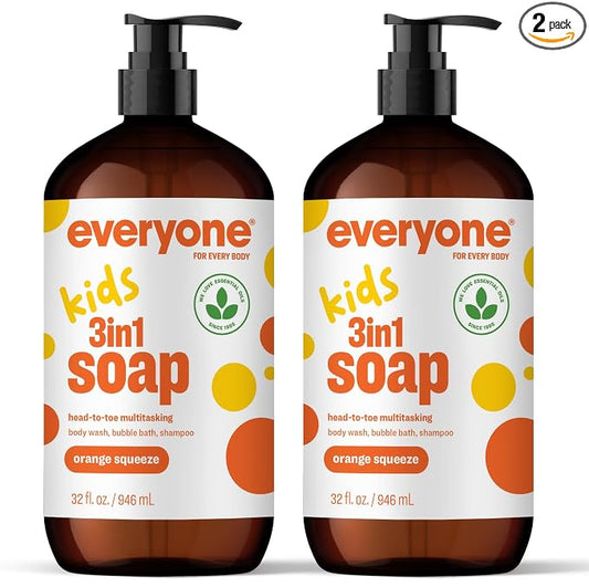 Everyone 3-in-1 Kids Soap, Body Wash, Bubble Bath, Shampoo, 32 Ounce (Pack of 2), Orange Squeeze, made with Essential Oils for Toddlers, tweens and teens