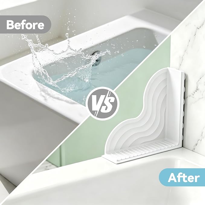 Shower Splash Guard 2-Pack – All-Silicone Bathtub Splash Guard with Strong Suction Cups, Reusable Shower Water Blocker for Bathtubs and Countertops (White, L-2pcs)