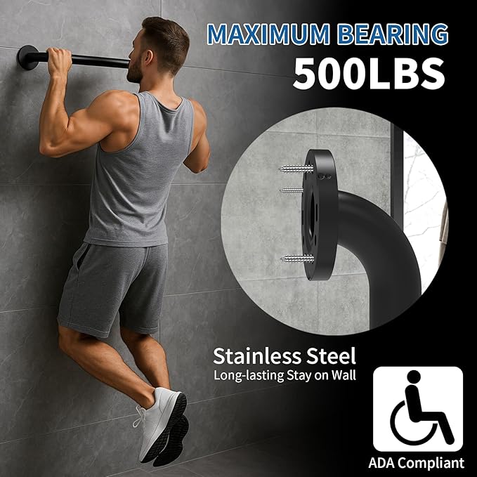 Safety Shower Grab Bars for Seniors, Stainless Steel Anti Slip Shower Handle, ADA Compliant Hand Rails, Holds up to 500 LBS Grab Bars for Elderly for Wall (Black, 12 Inches)