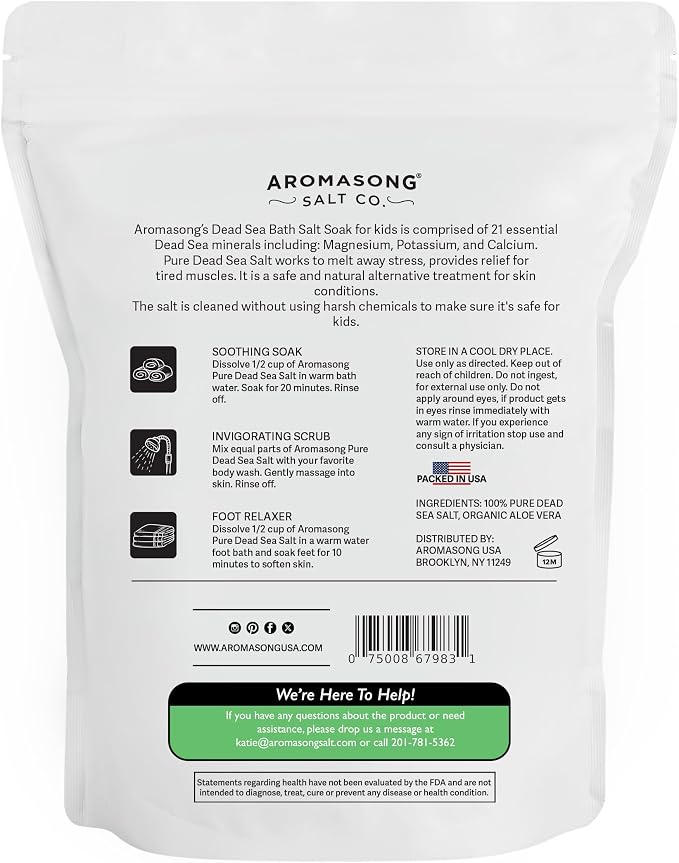 Aromasong Dead Sea Salt Kids Bath Soak with Aloe Vera – Soothing, Calming & Sleep-Ready – 4 Lbs Fine Grain Bulk Resealable Pack – 100% Pure & Natural Mineral-Rich Bath Salt