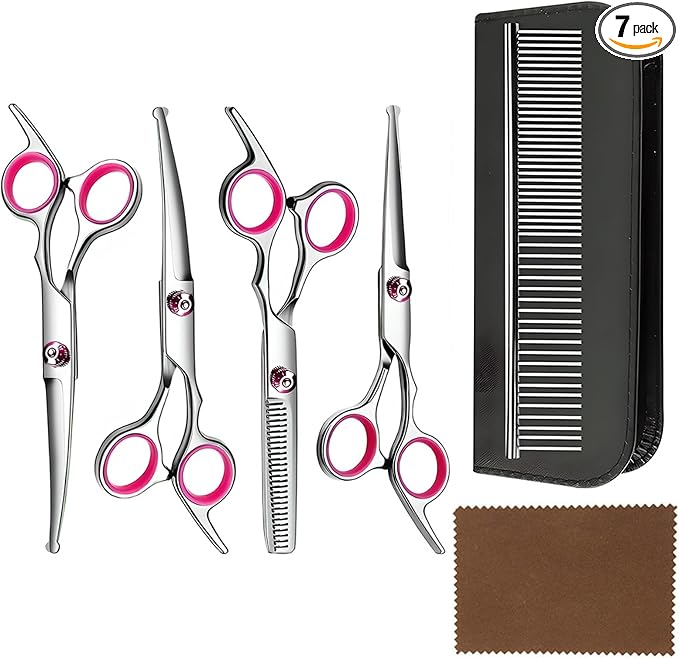 Dog Grooming Scissor, 7-in-1 Pet Grooming Scissor for Dogs, Professional Dog Grooming Kit with Safety Round Tips, Titanium Coated Cat Scissors Kit for Home Grooming (Pink)