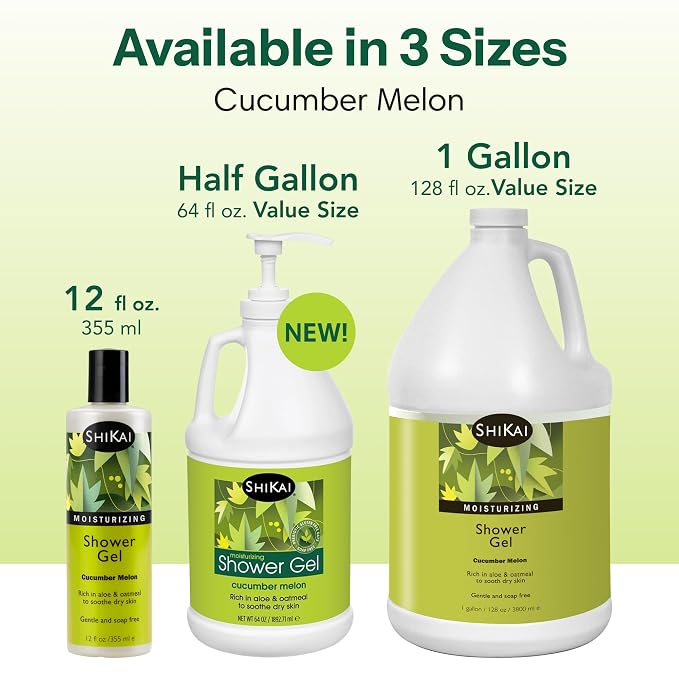 ShiKai Daily Moisturizing Shower Gel (Cucumber Melon, 1 Gallon) | Gentle Formula | with Aloe Vera & Oatmeal for Soft, Healthy Skin | Dry Skin Relief