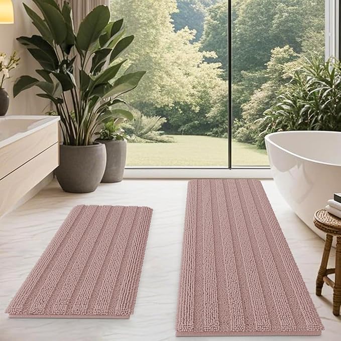 ACCUMTEK Striped Dusty Pink Bathroom Rug Mat Set 2 piece 32"x20"+60"x20" Ultra Soft, Non Slip Chenille Bath Rugs, Absorbent Plush Shaggy Bath Mats for Bathroom, Bedroom, Kitchen, Shower, Tub