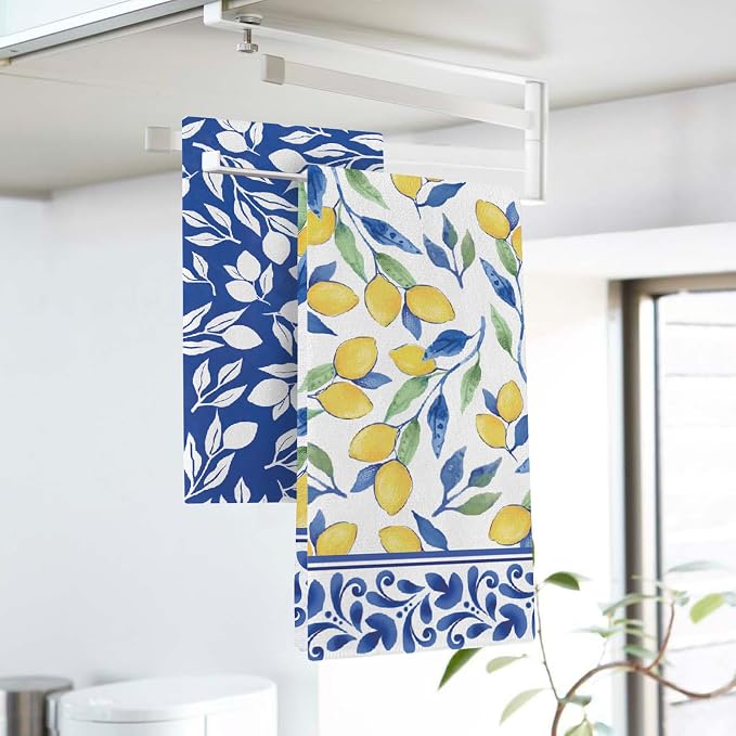 Italian Capri Blue Lemon Kitchen Dish Towels Set of 2, Amalfi Coast Italy Tile Pattern Citrus Drying Hand Towel Baking Cooking Cloth, Summer Mediterranean Bathroom Home Decoration 18'' x 26''