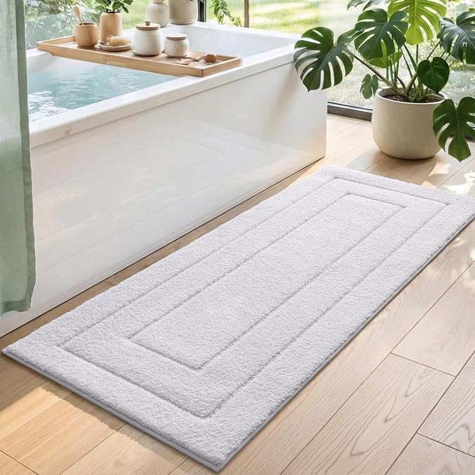 DEXI Bathroom Rug 72x24, Non Slip Washable Bath Mat Runner for Shower Floor, Extra Long Absorbent Soft Bathmat with Rubber Backing, Quick Dry Microfiber Carpet, White