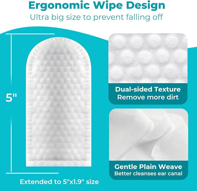Pet Ear Cleaner Finger Wipes for Dogs, Cats, Gentle Alcohol-Free Formula, Removes Wax, Debris, 50 Count, Vet Approved, 4x8cm