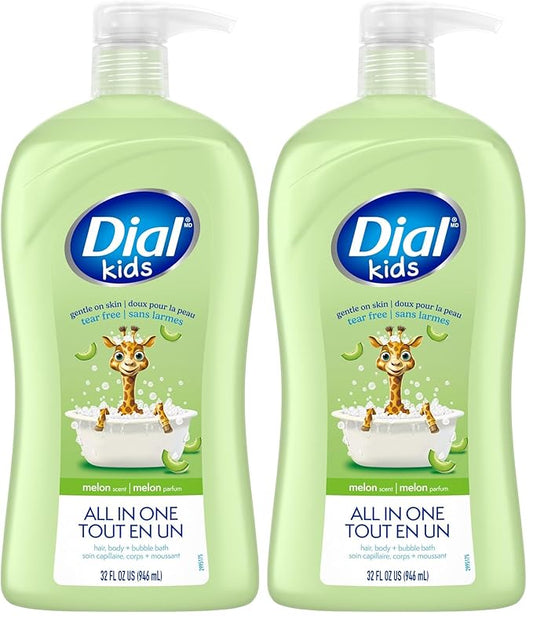 Dial Kids All-in-1 Body Wash + Hair + Bubble Bath, Melon Scent, 32 Fl Oz, Hypoallergenic Body Wash & Shampoo, No Tears Formula for Kids 2+ Years, No Parabens & Silicones (Pack of 2)