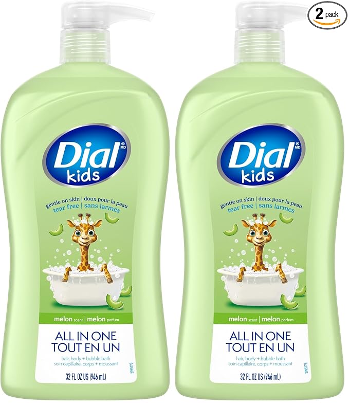 Dial Kids All-in-1 Body Wash + Hair + Bubble Bath, Melon Scent, 32 Fl Oz, Hypoallergenic Body Wash & Shampoo, No Tears Formula for Kids 2+ Years, No Parabens & Silicones (Pack of 2)
