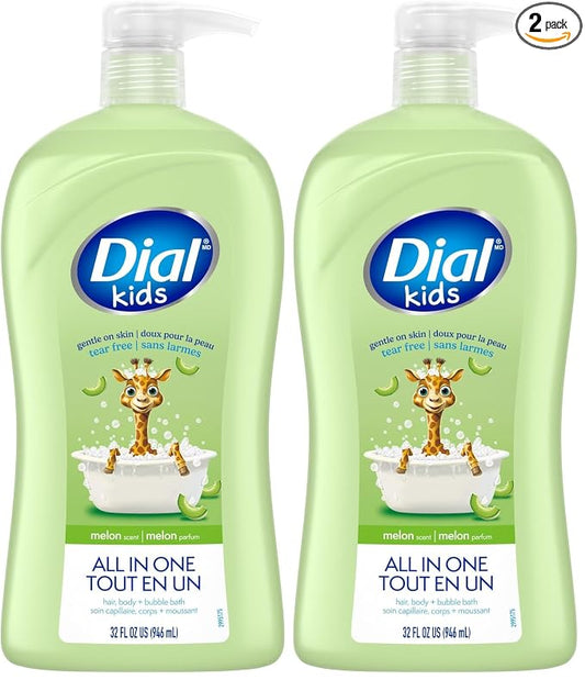 Dial Kids All-in-1 Body Wash + Hair + Bubble Bath, Melon Scent, 32 Fl Oz, Hypoallergenic Body Wash & Shampoo, No Tears Formula for Kids 2+ Years, No Parabens & Silicones (Pack of 2)