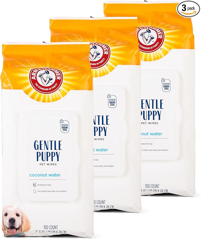 Arm & Hammer Dog Grooming Wipes, Deodorizing Dog Cleaning Wipes with Coconut Water, Gentle for Dogs and Puppies, Paraben and Sulfate Free Formula, Light Coconut Scent, 100 Count - 3 Pack
