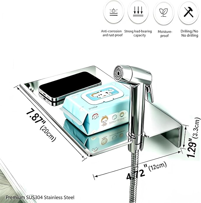 Handheld Bidet Sprayer for Toilet & Muslim Shower Kit with Storage Shelf, Brass T-Valve, Adjustable Pressure, No Drip, Easy Install, Feminine Care, Diaper & Pet Wash, Ceruleanix