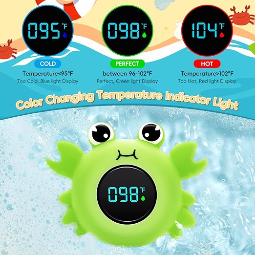 b&h Baby Bath Thermometer - Instant Read, Digital Water & Room Temp Reader, Safety Water Sensor for Infants, Color-Coded Alerts, Tub Temperature Monitor, Cute Floating Bath Toy, Crab (Green)