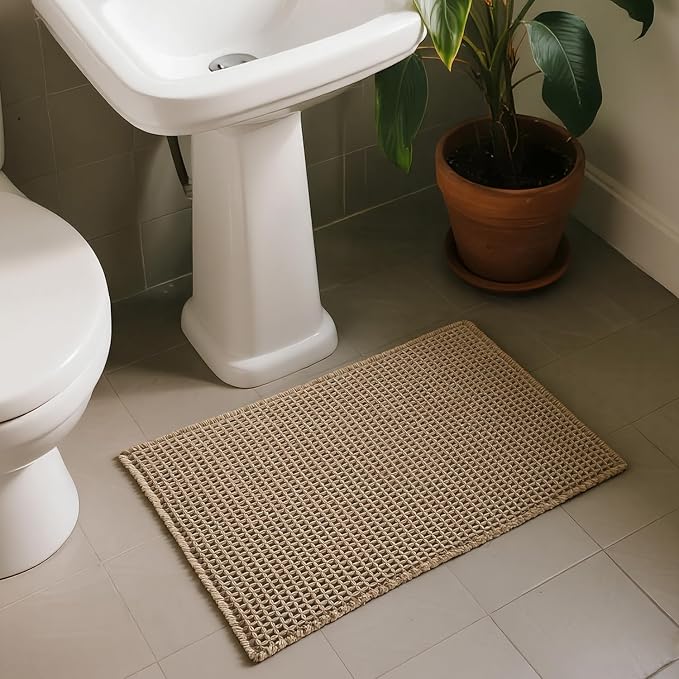 Triohero Waffle Bath Mat, Boho Bathroom Rugs Non Slip Washable, Ultra Soft Super Absorbent Quick Dry Farmhouse Bathroom Decor, 24" x 36", Beige