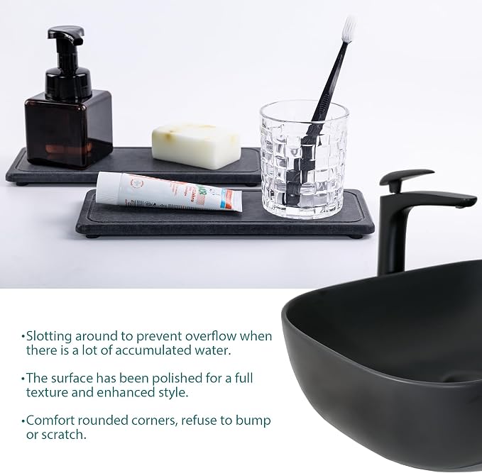 NiuYichee 2 Pcs Water Absorbing Stone Trays, Kitchen/Bathroom Sink Soap Dish, Diatomite Tray Used for Hand Soap & Cosmetic Bottles in The Modern Home, 4" W x 10.2" L, Dark Gray