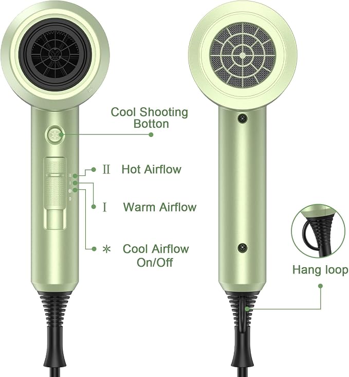 slopehill Professional Ionic Hair Dryer, Lime Cream | 1800W Fast Drying, Low Noise, 2 Concentrator Nozzles, 1 Diffuser Attachment