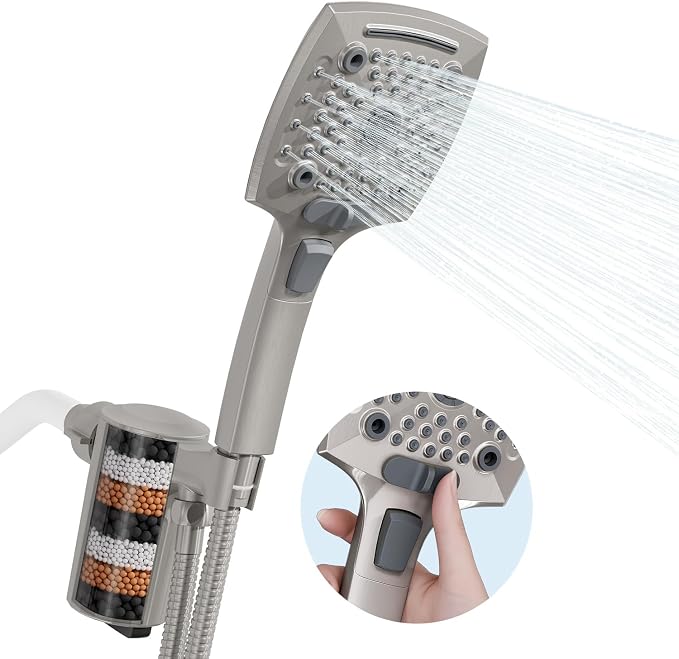Filtered Shower Head with Handheld, High Pressure 5 Functions Handheld Shower Head with 59" Extra Long Stainless Steel Hose & Adjustable Bracket, Built-in Waterfall