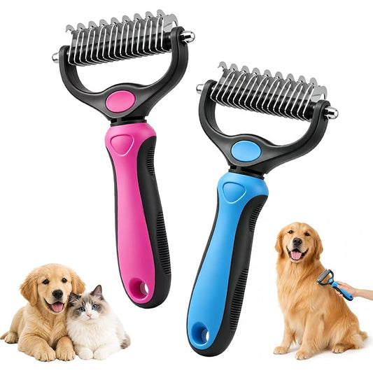 Dematting Comb for Dogs and Cats, Pet Grooming Rake, Double Sided Deshedding Brush for Dogs & Cats, Deshedding Dog Brush Removes Tangles Knots and Loose Fur for Long Haired Pets (Blue+pink)
