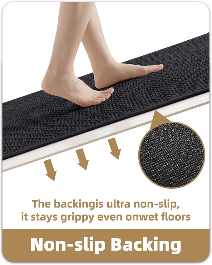 Color&Geometry Rubber Backed Waffle Bath Mat 36x24, Non Slip Water Washable Bathroom Rugs, Soft Absorbent Chenille Boho Carpet for Bathroom Floor, Tub and Shower, Black