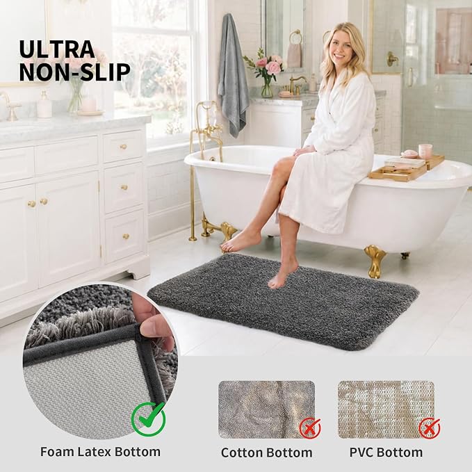 ILANGO Dark Gray Bathroom Rugs 24" × 17" Small Non Slip & Super Absorbent Extra Thick Soft, Washable Bath Mat for Floor, Microfiber Plush Shaggy Bath Rug with Rubber for Bathtub Shower Room Sink