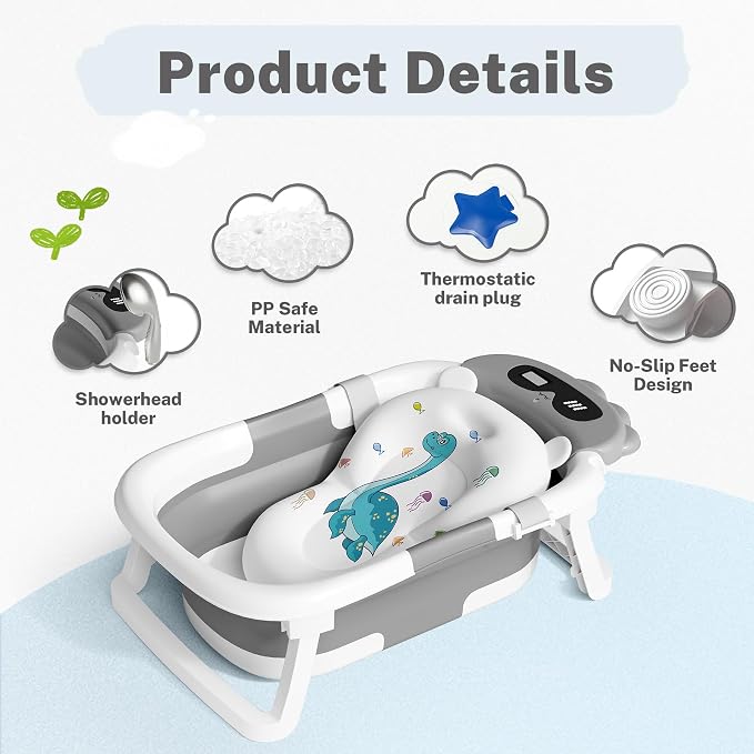 AVIDOR Baby Bathtub,Collapsible Baby Bathtub for Newborn to Toddler,Durable Essential Infant Bath Tub,Portable Travel Baby Tub with Soft Bath Net,No-Slip Feet and Dinosaur Shaped (Grey)