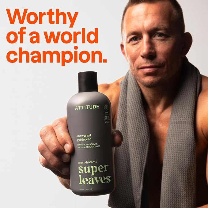 ATTITUDE Shower Gel Body Wash for Men, 98% Natural Origin Ingredients, Paraben & Phthalate Free, EWG Verified, Cleanses Without Drying, Matcha & Bergamot, 32 Fl Oz