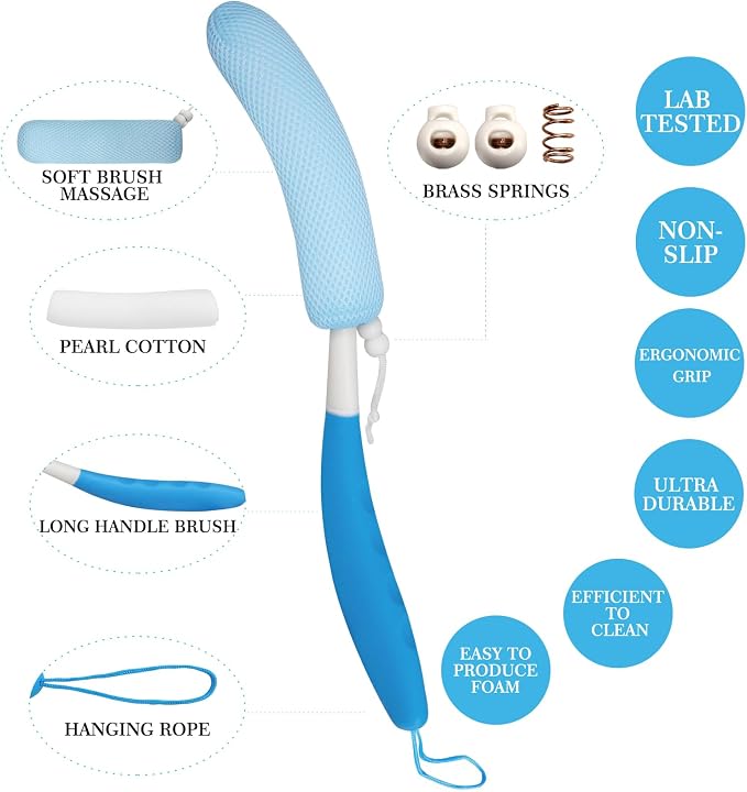 Back Scrubber for Shower, 15.35" Long Handle Shower Brush for Body, Back Brush for Shower for Men Women, Long Handled Bath Sponge for Deep Clean, Exfoliating, Anti-Slip Curve Handled Back Scrubber