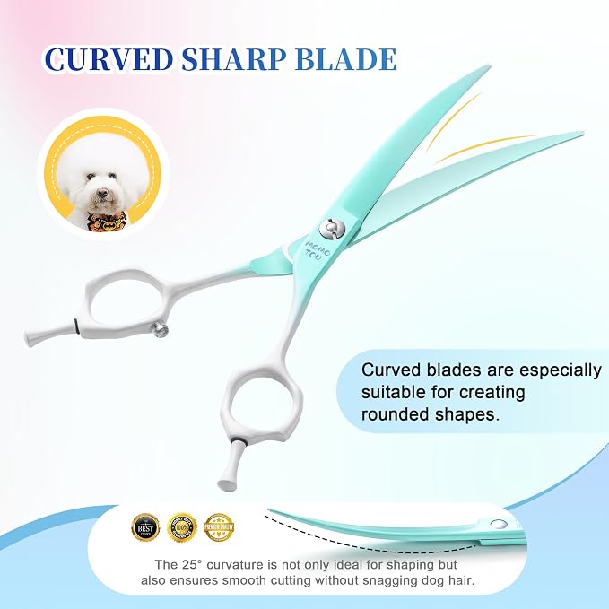 7'' Curved Dog Grooming Scissors Green to White Gradient | 440C Stainless Steel, Sharp Durable, Professional or Home Use, Ergonomic Handle with 2 Silicone Finger Rings
