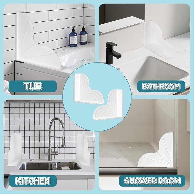 Dreamtop No-Adhesive Silicone Shower Splash Guard - 2 Packs Reusable Shower Corner Water Guard with Strong Suction Cups, Shower Water Blocker for Bathtub Bathroom to Keep Water in Shower (White)
