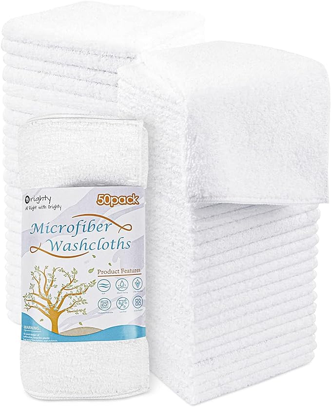 Orighty Washcloths Bulk, 50 Pack Highly Absorbent & Soft Feel Microfiber Face Towels, Multi-Purpose Wash Cloths & Hand Towels for Bathroom, Hotel, Spa, and Gym, 12x12 Inch, White
