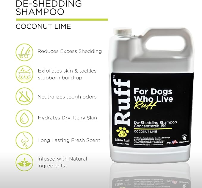 Ruff by Lillian Ruff 15:1 Concentrated Deshedding Dog Shampoo – Extra-Strength Shedding & Odor Control – Aloe, Coconut Oil & Vitamin E – Puppy Safe, USA Made - Coconut Lime – Gallon Pump