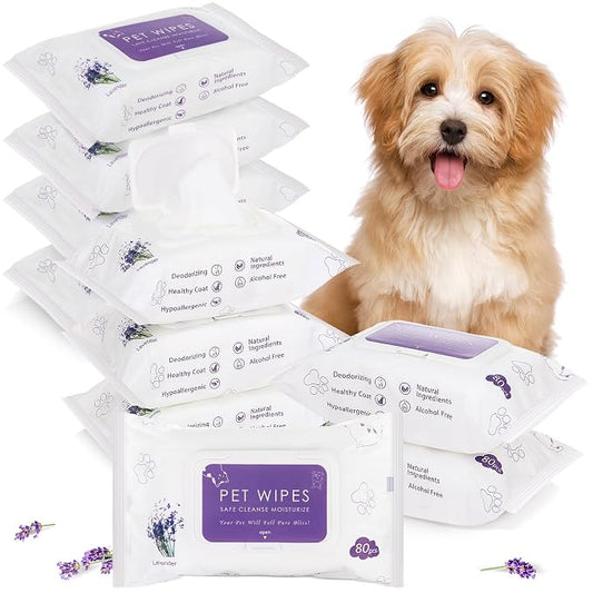 Treela 10 Packs of 80 Dog Wipes Pet Wipes Cat Grooming Supplies for Paws, Butt, Ear, Skin, Body Bath Cleaning Stain Odor Remover, Home or Travel Use(Lavender)