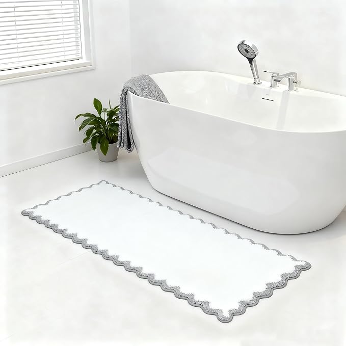 ORTIGIA Long Cute Scalloped Bathroom Rugs Runner, Fun Gray Plush Microfiber Scallop Bath Mats Non Slip Washable Quick Dry Absorbent, Rug Carpet for Bathtub Sink Laundry Room Bedroom, 24x59