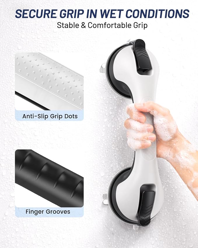 Gel-Enhanced Shower Grab Bar for Seniors and Elderly, Heavy Duty Suction Cup Shower Handle for Bathtubs and Showers, No Drilling Removable Bathroom Safety Bar for Tub and Shower Support