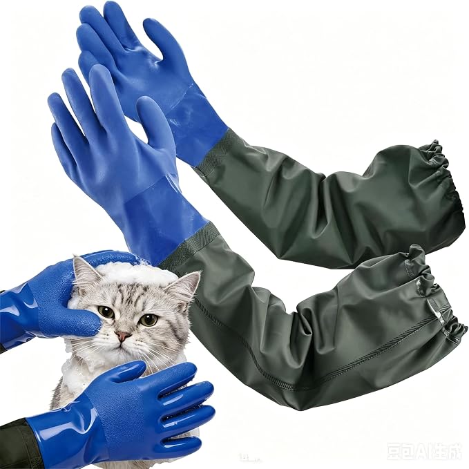 YOFANG Pet Grooming Washing Gloves,27.2" Extra Long Waterproof Rubber Bathing Gloves for Dogs & Cats,Anti-Bite & Anti-Scratch Hair Removal Cat Bath Gloves with 3000+ Massage Particles,Blue/Green ﻿