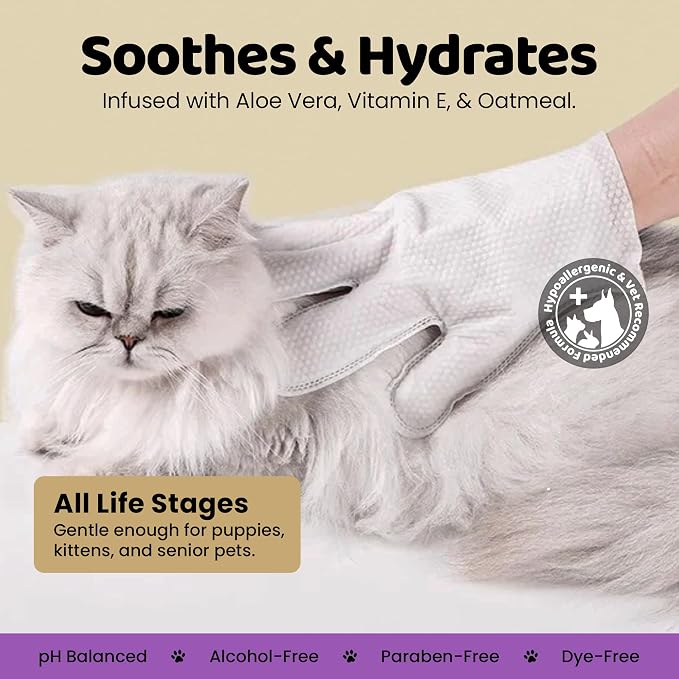 Premium Pet Grooming Glove Wipes for Dogs & Cats, 3X Thick No-Rinse Bathing Gloves, Hypoallergenic Deodorizing Paw & Body Cleaner, Grooms Hydrates & Nourishes, 20 Count, Lavender Scent