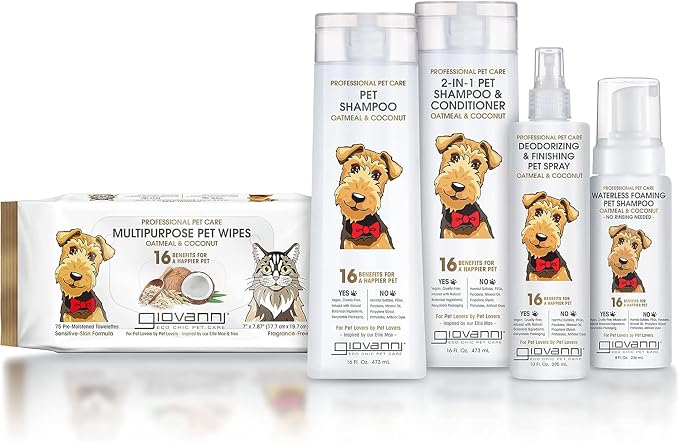 GIOVANNI Professional Foaming Waterless Pet Shampoo - Oatmeal & Coconut Helps Neutralize Odors, Cleanses, Silkens, Controls Static, Freshens Fur - 8 oz