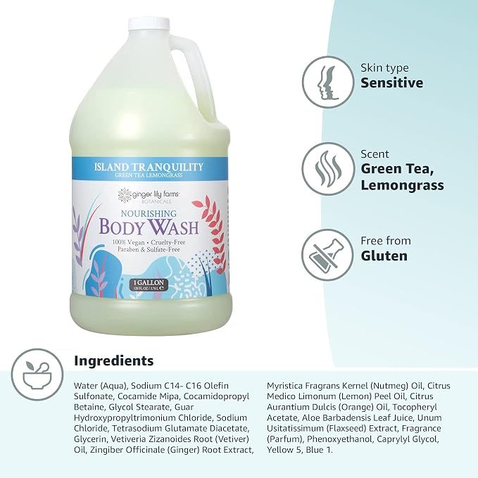 Ginger Lily Farms Botanicals Nourishing Body Wash, Island Tranquility, 100% Vegan & Cruelty-Free, Green Tea Lemongrass Scent, 1 Gallon Refill (128 fl. oz.) (Pack of 2)
