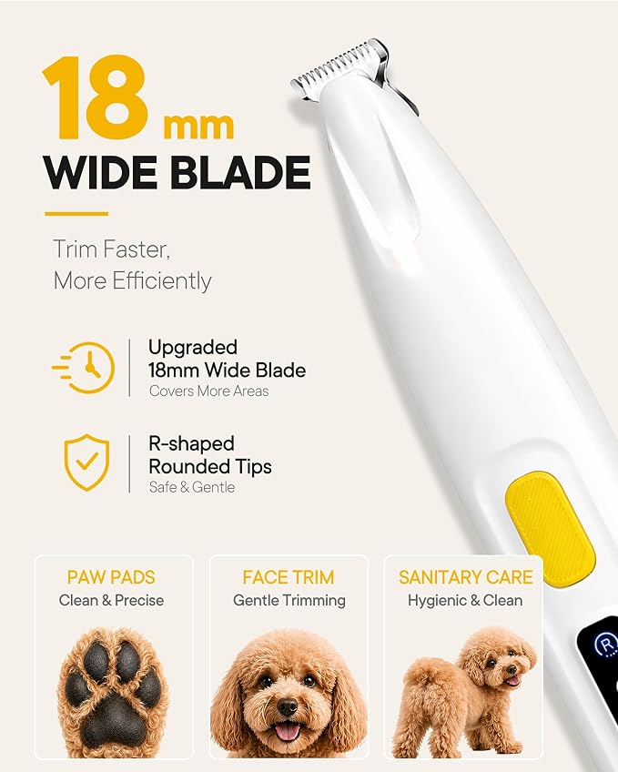FURBONA Upgraded Dog Paw Trimmer with LED Light, 18 mm Widen Blade, 35 dB Low Noise, LED Display, Fully Waterproof, Rechargeable Clipper for Dogs Cats Trimming Paws, Eyes, Ears, Face, and Rump