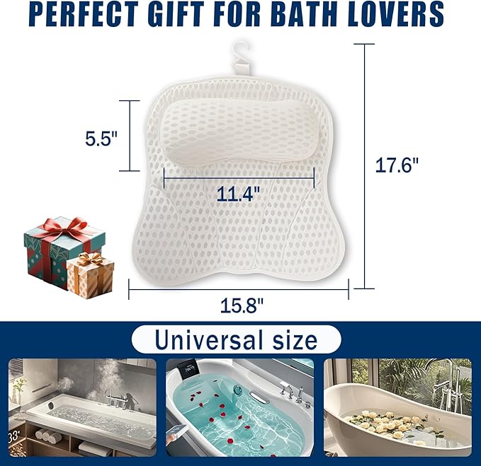 Bath Pillow Bathtub Pillow, Thick Padded Ergonomic Bathtub Headrest for Tub Neck and Back Support with Soft 4D Mesh Fabric and Six Non-Slip Suction Cups, Bath Pillows for Bath Accessories