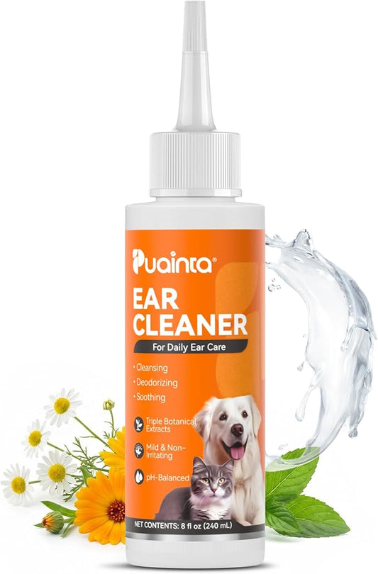 PUAINTA Dog Ear Cleaner Solution - Alcohol-Free Ear Wash with Quantum Silver & Witch Hazel - Soothes Itch, Removes Wax & Odor - Gentle Daily Flush for Dogs & Cats (8 oz)