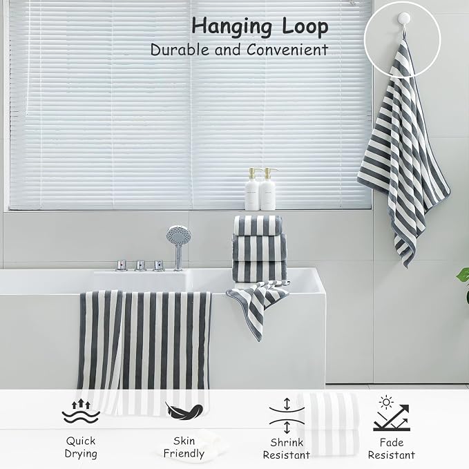 18 Pcs Gray Stripe Bath Towel Set with Hanging Loop-6 Bath Towels,6 Hand Towels,6 Washcloths Soft Family Towels Set Bathroom Towel Highly Absorbent Quick Dry Shower Towel for Beach Chair Spa Gym Hotel